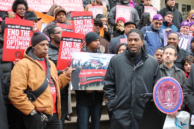 <p>Councilman Jumaane Williams urged the City Council to hold Cablevision accountable for alleged labor violations Tuesday, Feb. 26, 2013.</p>
