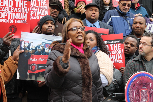 <p>Councilwoman Letitia James urged the City Council to hold Cablevision accountable for alleged labor violations Tuesday, Feb. 26, 2013. 'This is about job security. This is about respecting the right to organize,' she said. 'We give tax breaks to his company. All we're asking for is to respect the right to organize.'</p>
