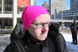 <p>Matthew Henning, a scientist, but street style photographer in his spare time, wears a bright pink beanie from Lacoste.</p>
