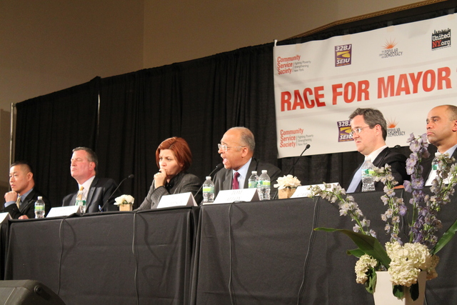 <p>Frontrunner and City Council Speaker Christine Quinn was the frequent object of her opponents' criticism at a forum in Harlem on Feb. 28, 2013.</p>
