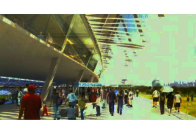 <p>Renderings of the promenade outside of a proposed MLS stadium in Flushing Meadows-Corona Park.</p>
