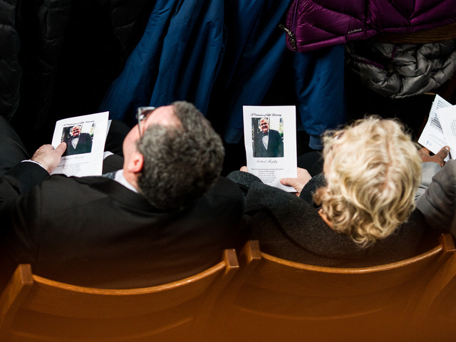 <p>Mourners attend the funeral services for youth services advocate Richard Murphy, 68, who passed away on Feb. 14, 2013, in Manhattan.</p>
