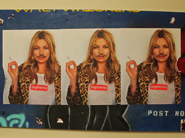 <p>Patrick Waldo tags advertising posters with "moustache."</p>
