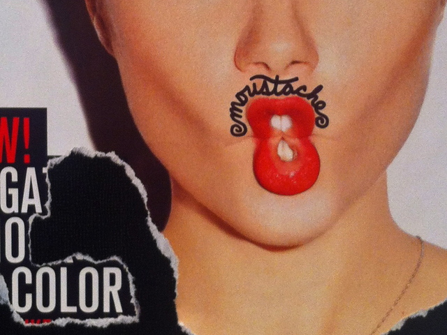 <p>Patrick Waldo tags advertising posters with "moustache" scrawled across a muse's upper lip.</p>
