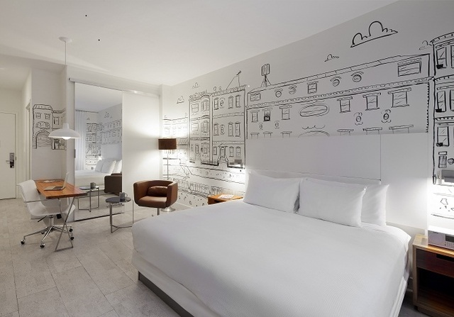 <p>A pencil sketch-like mural of Brownstone Brooklyn at the Nu Hotel</p>
