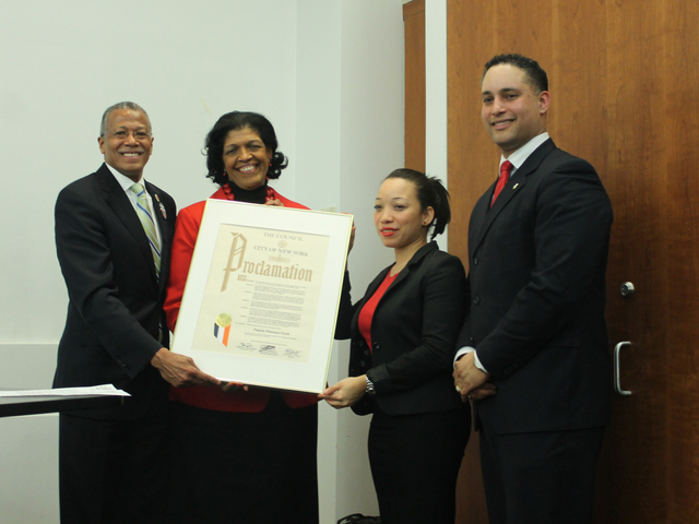 <p>City councilman Robert Jackson, community board 12 treasurer Pamela Palanque-North, Ydanis Rodriguez representative Yokarina Duarte and community board chairman George Fernandez pose for a photo after Palanque-North is honored with a proclamation.</p>
