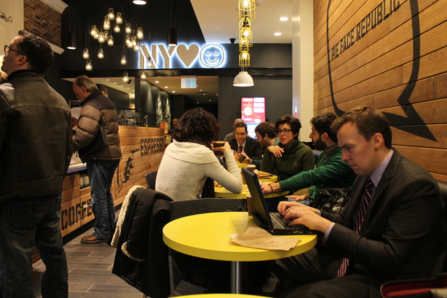 <p>Pie Face's Seventh Avenue restaurant, its third location in New York City, offers seating and free Wi-Fi. It opened Tuesday, Feb. 19, 2013.</p>
