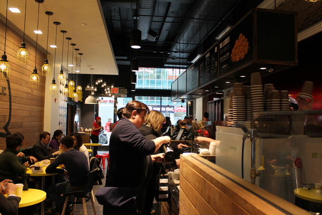<p>Pie Face's Seventh Avenue restaurant, its third location in New York City, offers seating and free Wi-Fi. It opened Tuesday, Feb. 19, 2013.</p>
