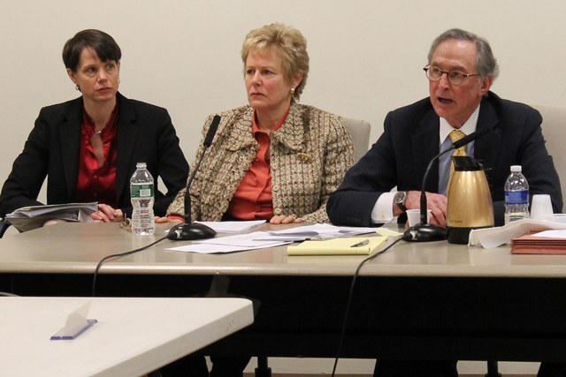 <p>Cablevision executive vice president Lisa Rosenblum, center, testified at a hearing convened by the City Council's Subcommittee on Zoning and Franchises Tuesday, Feb. 26, 2013.</p>
