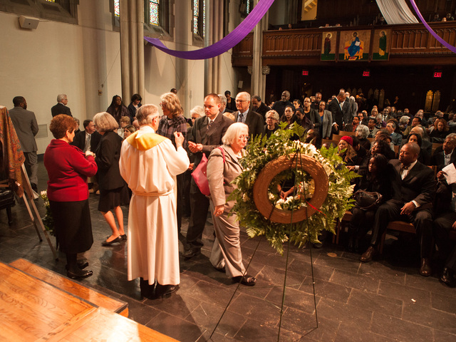 <p>Officiants serve communion at services for Richard Murphy, 68, at the Union Theological Seminary Chapel, on Feb. 16, 2013. Murphy passed away on Feb. 14, 2013, in Manhattan.</p>
