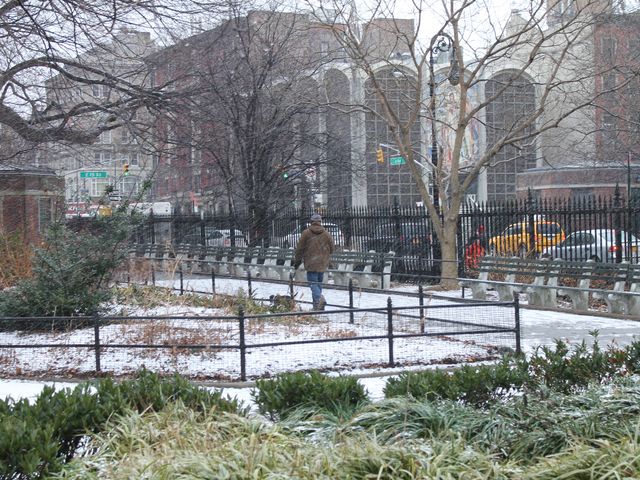 <p>A thin layer of snow covered part of Stuyvesant Square Park early Friday</p>

