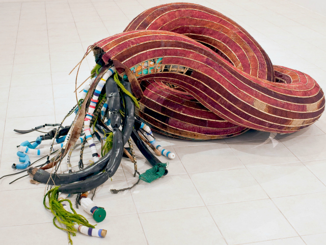 <p>"Junk Nutrients," by Sopheap Pich. This piece, composed of many found objects, looks like a ruptured intestine&nbsp; &mdash; bringing attention to pollution problems, Guy said.</p>
