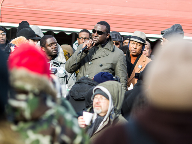 <p>Yusef Salaam, 38, one of the five men wrongly convicted of rape in Central Park 23-years-ago speaks at the one-year anniversary for Ramarley Graham in the Bronx on Feb. 2, 2013.</p>
