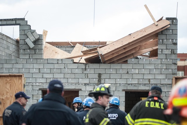 <p>Two workers were injured in a building building collapse on East 95th Street in Canarsie on March 22, 2013.</p>
