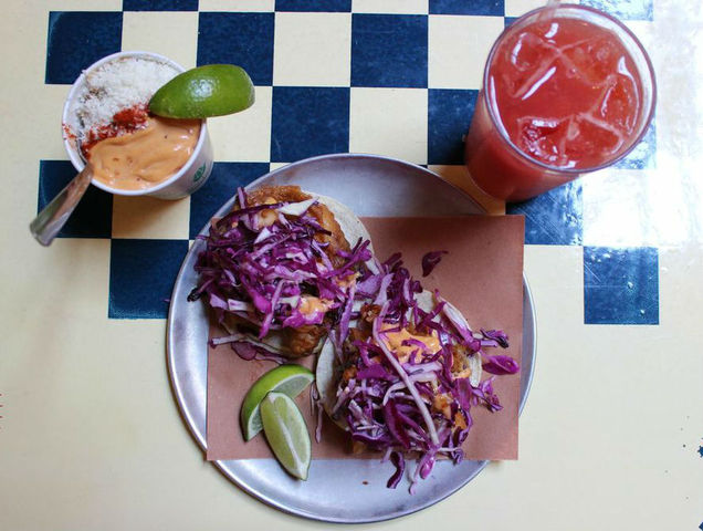 <p>Crispy Fish Tacos with Corn Esquites and Agua de Sandia from Tacombi.</p>

