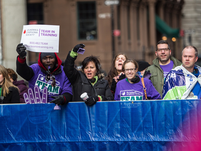 <p>Crowds cheers on the runners at the 8th annual NYC Half marathonon Mar. 17th, 2013.</p>

