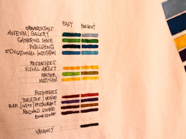 <p>A key explains the color code used in a large map by Jennifer Maravillas that depicts Village art and literary spaces past and present. The piece is on display on West Eighth Street through March 23, 2013.</p>

