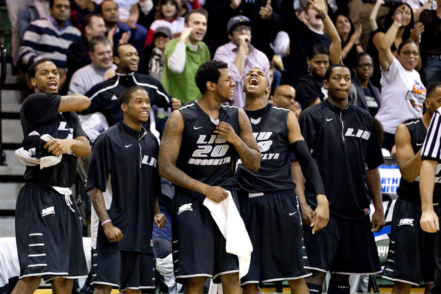 <p>The LIU-Brooklyn Blackbirds celebrate after beating Wagner College in the NEC Tournament.</p>
