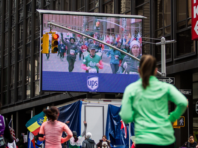 <p>Runners head towards the finish line of the NYC Half marathon at the South Street Seaport on Sun. 17th, 2013.</p>
