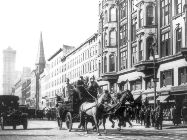 <p>Firefighters rode a horse-drawn fire engine to try to put out the Triangle Shirtwaist Company fire on March 25, 1911.&nbsp;</p>
