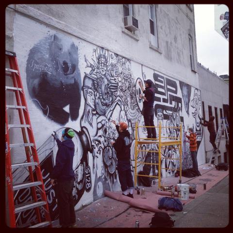 <p>Artists from "En Masse" mural project painted the wall of Tutu's in Bushwick.</p>

