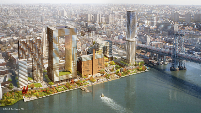 <p>Two Trees' new development of massive towers by the Williamsburg Bridge would include 631,000 square feet of office space.</p>
