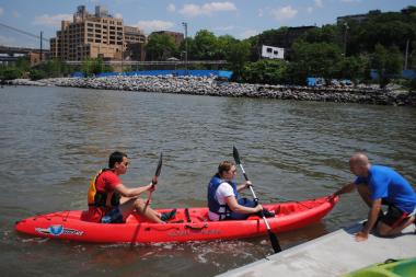 Brooklyn Bridge Park and the Metropolitan Alliance celebrate the new community eco dock at Pier 2, part of the waterfront's regeneration program, with the opening of kayaking season.