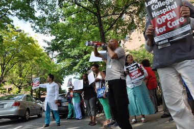 Dozens of protesters gathered in front of LICH, fighting SUNY Downstate's decision to end emergency ambulance service to the hospital.