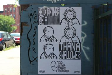 A poster featuring Kanye West lyrics and images of Trayvon Martin and George Zimmerman has popped up in Bed-Stuy.