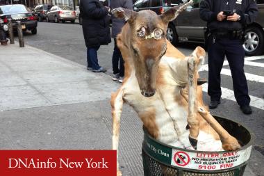 A stuffed deer was found in a Washington Heights trash can Tuesday morning.