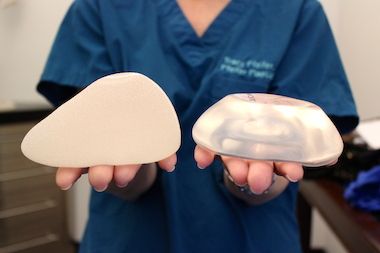 Plastic surgeon Dr. Tracy Pfeifer showed the difference between teardrop implants (left) and what she calls "round, round" implants (right). Teardrop implants were first approved by the Food and Drug Administration in 2012 and are designed to create a very natural cleavage, she said.