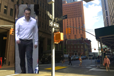 Police are searching for two men in their 30's, one of whom is pictured above, who attacked a good samaritan on Broad and Pine Streets in the Financial District.