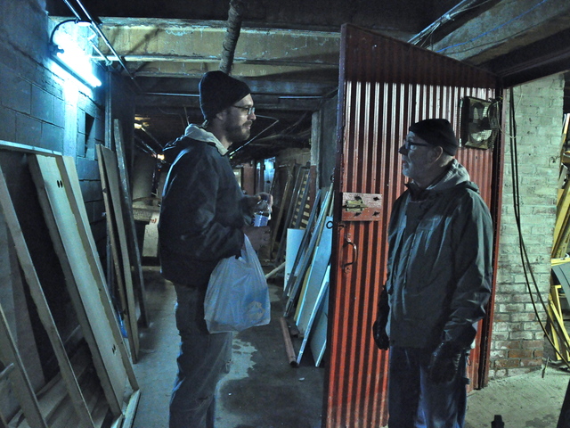<p>Artists Nathan Frey and Fritz Buehner&nbsp;chatted in their studio and storage space, which faced several feet of flooding from Newtown Creek's surge during Hurricane Sandy.</p>
