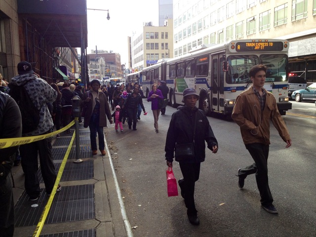 <p>Commuters waited in line for hours for a bus on Jay Street on November 1, 2012, three days after Hurricane Sandy wreaked havoc on the city's public transportation system.</p>

