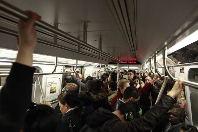 <p>Commuters packed subway trains across New York City Monday morning, Nov. 5, 2012, one week after Hurricane Sandy crippled the region's transit system.</p>

