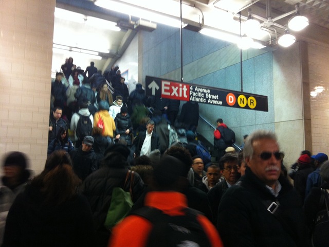 <p>Commuters packed subway platforms, buses and roads early Monday morning, Nov. 5, 2012, one week after Hurricane Sandy hobbled New York City's transit system.</p>
