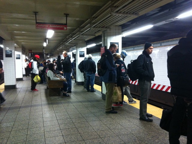 <p>Commuters wait for a subway train early Monday morning, Nov. 5, 2012, one week after Hurricane Sandy hobbled New York City's transit system.</p>
