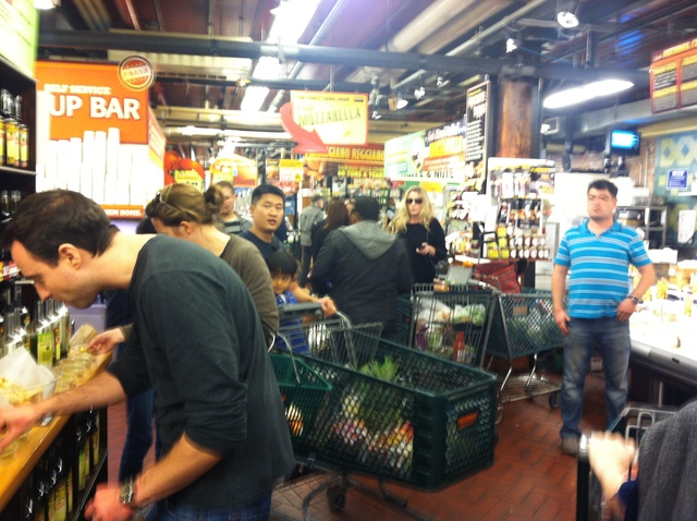 <p>Customers waited in line at Fairway in Brooklyn, on October 27, 2012.</p>
