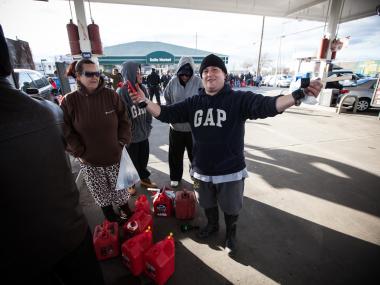 Gas lines continued to stretch for blocks on Sunday.