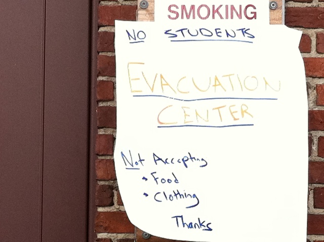 <p>A sign outside the George Washington High School evacuation shelter warned students not to enter.</p>
