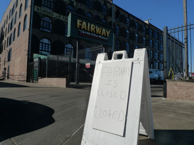 <p>A sign warned that Fairway was "closed closed" in Red Hook after the store was devastated by Hurricane Sandy. 'Everything was absolutely gutted,' Fairway vice chairman Howard Glickberg told DNAinfo.com New York. 'There was absolutely nothing left in the old store.' The store is slated to reopen March 1.</p>
