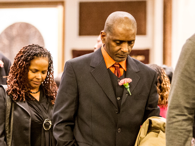 <p>Allan Abraham, the father of Lauren Abraham, leaves the funeral service for his daughter at the Christian Cultural Center in Brooklyn on Nov. 8, 2012.</p>
