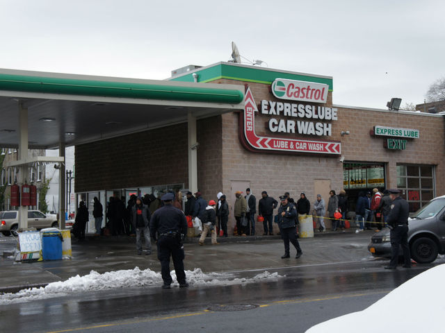 <p>A BP at Bedford and Lincoln Place in Crown Heights was pumping, mostly serving the can crowd. Those waiting in line said they'd come from as far away as Bed-Stuy and Cypress Hills, after becoming stranded searching for gas.</p>
