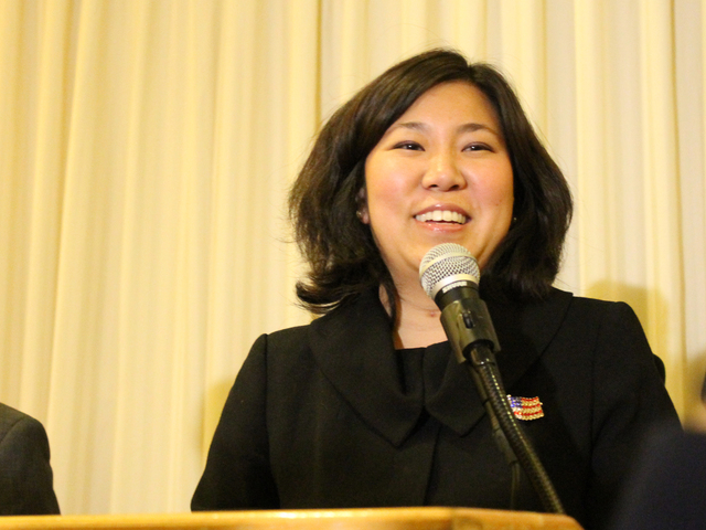 <p>Grace Meng delivers a victory speech after winning the 6th congressional district election on Nov. 6.</p>
