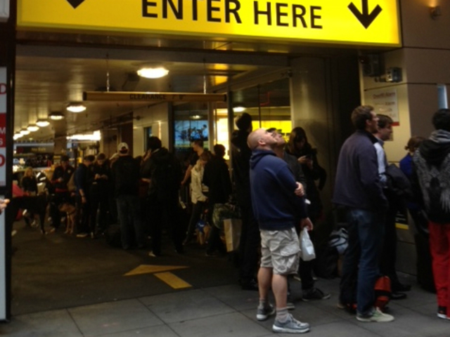 <p>Roughly 50 people stood in line for rental cars at a Hertz facility in Midtown Manhattan on Tuesday, Oct. 30, 2012, a day after Hurricane Sandy hit the city.</p>
