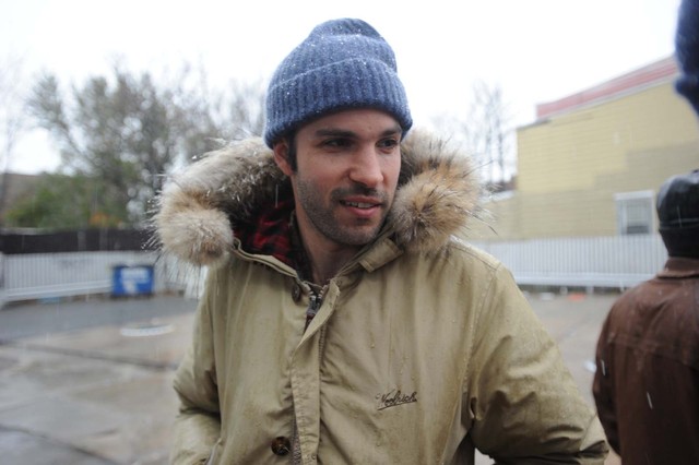 <p>Steve Brahms, 30, waited in the snow to get gas in Williamsburg on Wednesday.</p>

