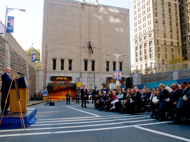 <p>Michael Carey, son of the late Hugh L. Carey, speaks Oct. 22, 2012 at the ceremony to rename the Brooklyn-Battery Tunnel after his father.&nbsp;</p>
