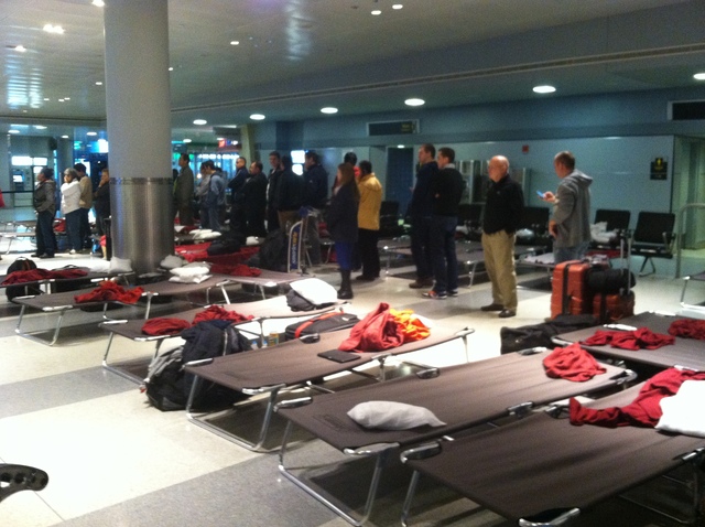 <p>Dozens of stranded travelers have been sleeping on cots in JFK Airport after Hurricane Sandy.</p>
