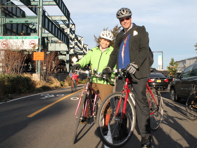 <p>Jules Corkery and Robert McMinn headed to work by bicycle on November 1, 2012.</p>
