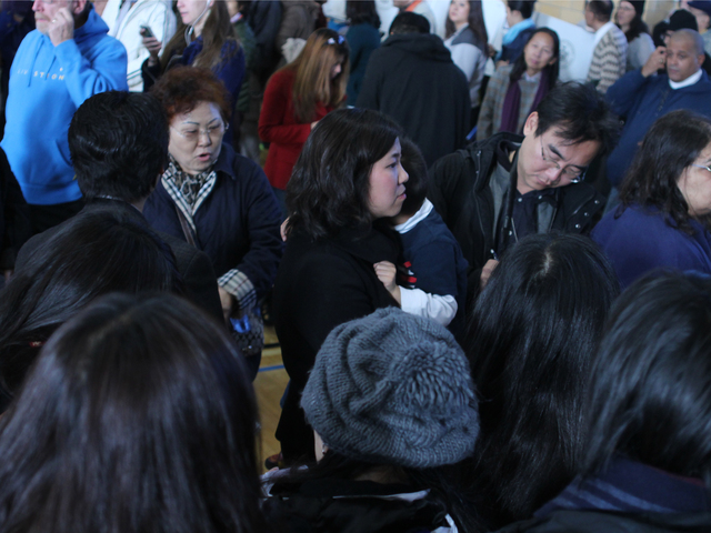 <p>Surrounded by reporters, Assemblywoman Grace Meng waits to vote at P.S. 214 in Flushing on Nov. 6.</p>
